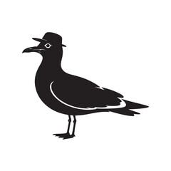 Obraz premium A black silhouette of a bird wearing a hat on a white background