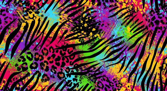 Bright neon zebra and leopard mix pattern. 90s retro vaporwave aesthetic for digital art. Vibrant multicolored animal skin collage with glowing fluorescent paints and brush strokes