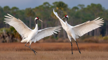 Obraz premium Whooping Crane Day, Two Whooping Cranes Jumping and Spreading Wings in Open Grassland Capturing Energy, Freedom, and Wildlife Conservation Spirit on Whooping Crane Day
