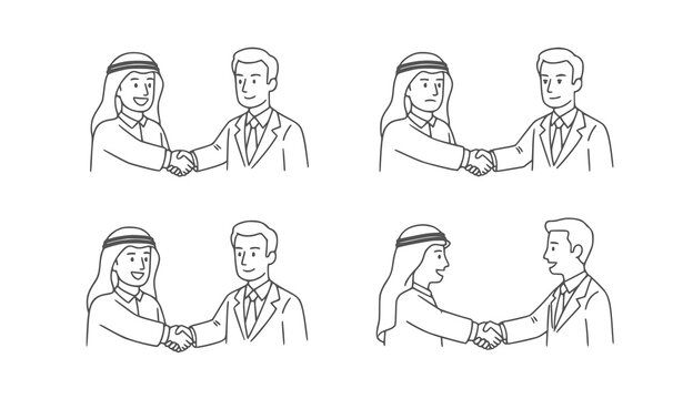 Arab Businessman Handshake Close-Up Portrait Vector Line Icon Set Black & White