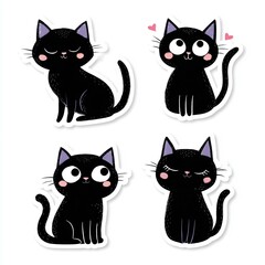 Obraz premium set of stickers featuring a black cat cartoon, on a white background. vector illustration with a simple design, depicting cute cats in different poses and expressions, with big eyes. 