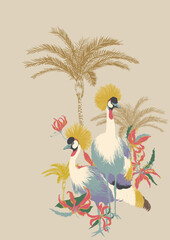 Fototapeta premium Digital pattern combining the of exotic flowers and the grace of the crane, designed as a seamless repeating pattern. This design is perfect for a wide range of textile and decorative applications.