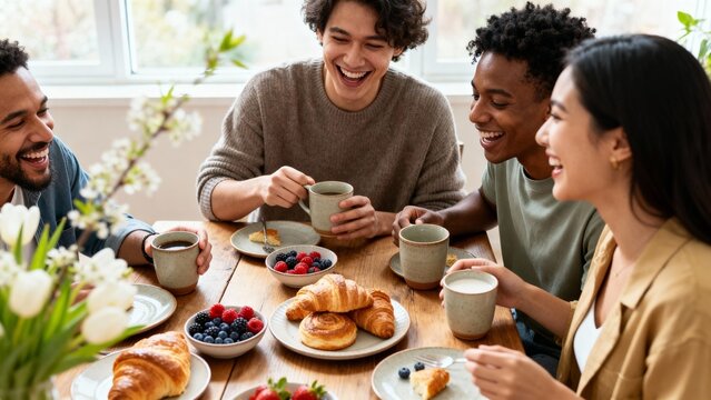 Multiracial young adult friends sharing breakfast at a sunlit kitchen table, casual conversation and laughter, cozy weekend brunch mood, friendship and community