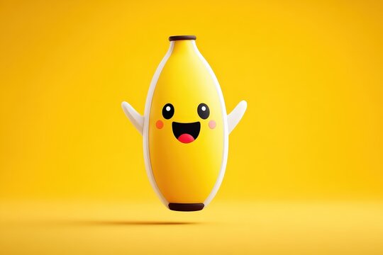 Whimsical Yellow Cartoon Vase with Happy Facial Expression and Arms on Bright Yellow Background