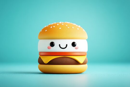 Cute Smiling Hamburger Toy with Facial Features and Bright Colors on Blue Background