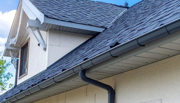 Close-up of a residential house roof with asphalt shingles and gutters.