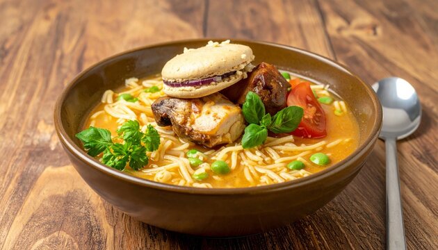 Gourmet Fusion Dish: Savory Chicken Noodle Soup Topped with Sweet Macaron and Fresh Tomatoes
