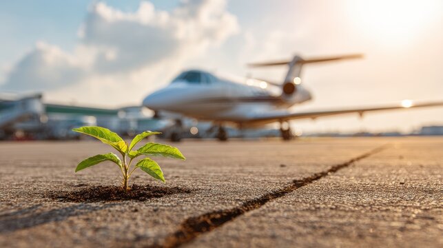 Elegant photo of Small green seedling growing through a crack in an airport runway tarmac with a blurred private jet in the background,