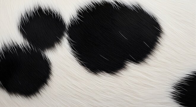 Close up of black and white cow hide texture. Natural organic dairy cattle fur pattern. Macro view of spotted animal skin background for textile design and rustic decor