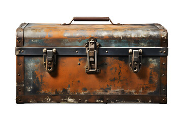 Rustic galvanized metal toolbox with scratches and dents, lid half-open showing organized tools, Isolated to Transparent Background