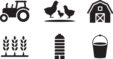 Farm icons set including tractor barn livestock crops and equipment