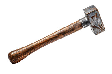Rustic metal hammer with worn wooden handle, light scratches and patina for realism, angled placement, Isolated to Transparent Background