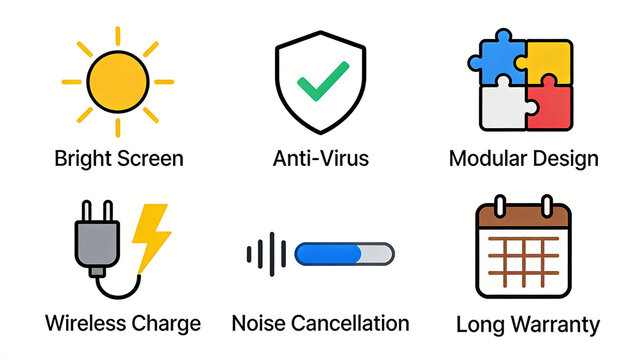 The combination of bright screen and long warranty icons represents bright screen, antivirus, modular design, wireless charging and noise reduction, suitable for smart device scenarios.
