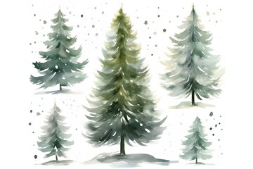 Obraz premium Watercolor painting of five evergreen trees with falling snow