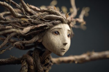 Fototapeta premium Woodland Spirit: Sculpted Figure with Wooden Hair and Serene Expression