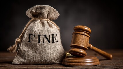 Elegant photo of Wooden judge's gavel and a burlap bag with the word fine on a dark background, representing legal penalties and court fines. .Made Genarative AI