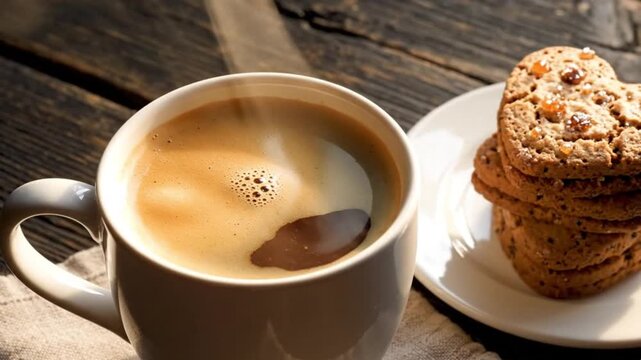 A steaming cup of coffee beside a stack of heartshaped cookies on a rustic wooden table