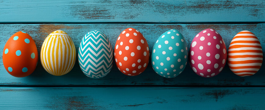 Seven colorful easter eggs sitting on a blue table. Suitable for easter holiday designs. Vibrant eggs on blue background. Festive decoration for greeting cards, invitations, newsletters, ads, social m