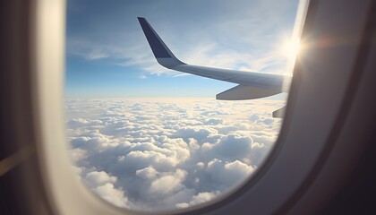 Obraz premium Airplane wing soaring through fluffy white clouds at sunrise