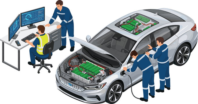 Automotive engineers and technicians performing battery diagnostics and maintenance on an electric vehicle with computer monitoring isometric vector illustration