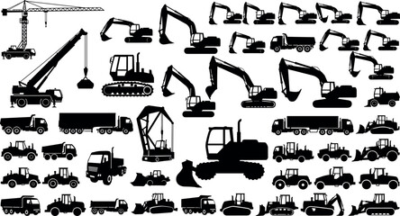 Construction vehicles and heavy machinery silhouette mega set with excavators, cranes, trucks and loaders, industrial equipment collection, black vector transport machines isolated on white background © Emon