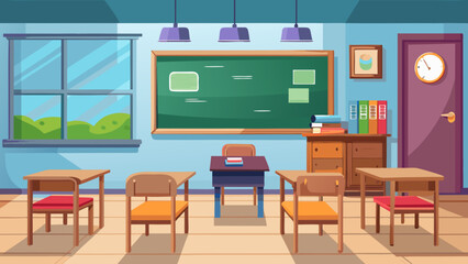 Bookshelf classroom scene with green chalkboard, wooden desks, chairs, books, and window view of landscape featuring educational, school, interior with furniture and desk elements for chair, learning