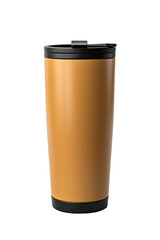 Sleek metallic travel coffee tumbler in brushed gold finish with black silicone lid, Isolated to Transparent Background