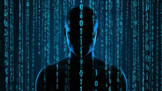 Digital silhouette of AI entity standing in falling binary Matrix code.