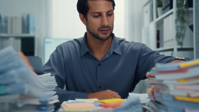 Overworked young Latin businessman reading document in large stack of paperwork files at office desk. Tax audit deadline, accounting stress, corporate burnout, bookkeeping, bureaucracy concept.