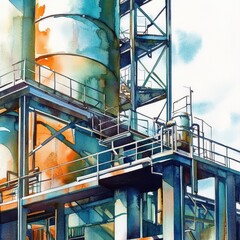 Watercolor close view of industrial plant structures metallic textures softened by flowing paint industrial power meets artistic elegance for corporate branding and technology storytelling