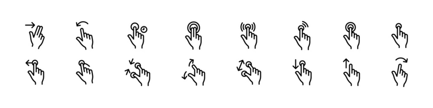 Mobile, Hand gesture touch icon set with tap, swipe, drag and press actions for mobile, web and touchscreen UI interactions. smartphone gestures. thin line icon set. Outline stroke icons collection.