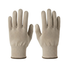 Obraz premium Pair of beige work gloves with ribbed cuffs, isolated on a white background, ready for various tasks and protection.