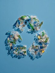 Fototapeta premium Recycling symbol made from plastic waste on blue background