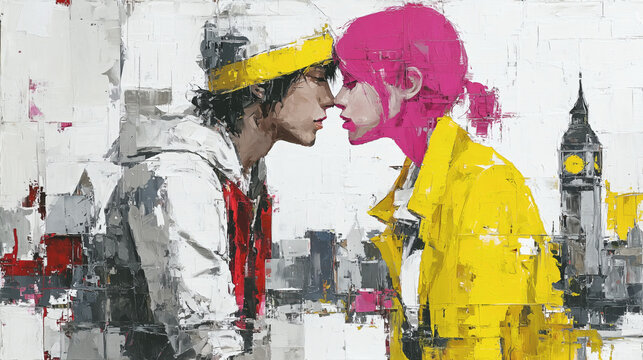 Abstract Couple Kissing in Urban Cityscape with Clock Tower
