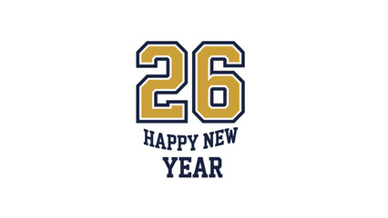 Happy New Year celebration with gold and blue typography on white background