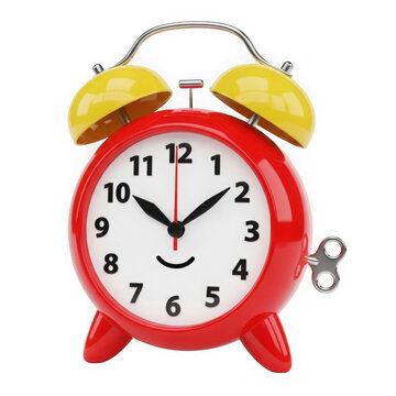 Vibrant red alarm clock with smiling face - 3d rendered illustration isolated on transparent background