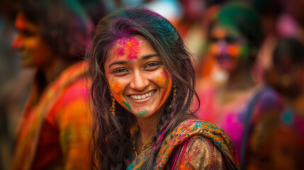 Obraz premium Holi festival celebration with joyful people covered in bright colors expressing happiness and festivity