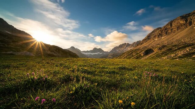 Majestic Alpine vista of a lush green meadow with wildflowers under a dramatic cloudy sky, perfect for travel documentaries or nature backgrounds.