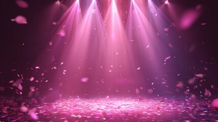 Enchanting stage with pink spotlights and falling petals.