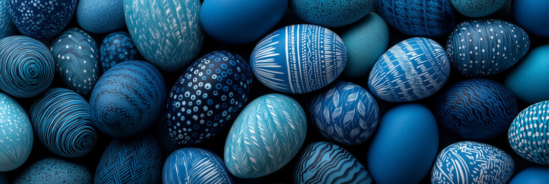 Blue easter eggs with various designs for easter themed designs. Suitable for greeting cards, social media posts, and holiday decorations.