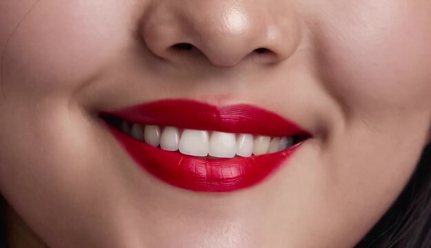 Nahaufnahme rote Lippen, &Uuml;bergang von neutralem Ausdruck zu sanftem L&auml;cheln