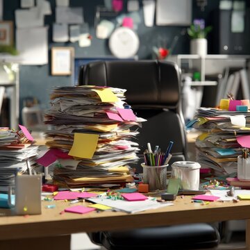 Messy Office Desk with Stacks of Papers and Colorful Sticky Notes in Cluttered Workspace