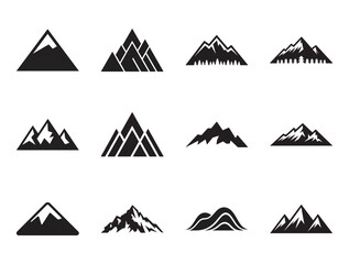 A set of various mountain and hill icons in black and white silhouette