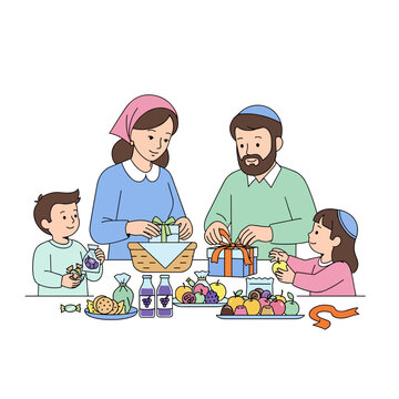 Jewish family preparing Mishloach Manot together at the table  