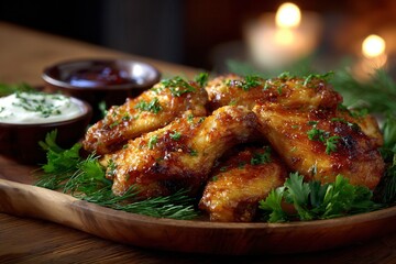 Fototapeta premium Crispy chicken wings glazed with sauce on wooden platter