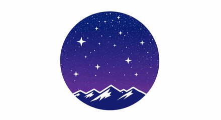 Naklejka premium A circular graphic illustration of a starry night sky with a purple gradient above snow-capped mountains