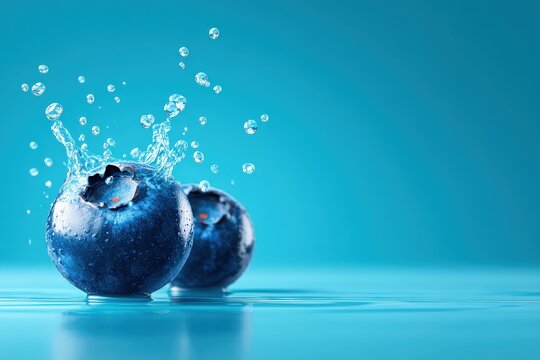 Blueberries Splashing in Water with Fresh Juicy Appearance on Bright Blue Background