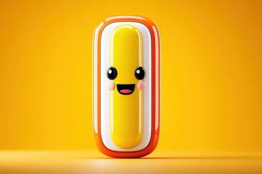 Cute Yellow Capsule with Happy Face Cartoon Style on Bright Orange Background