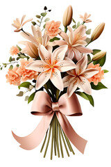 Spring bouquet wrapped in craft paper with ribbon bow, Isolated to Transparent Background
