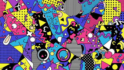 Vibrant memphis geometric pattern with colorful shapes and bold designs isolated on transparent background